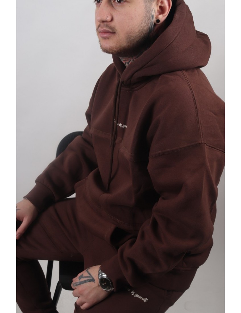 Kahverengi Yazı Detaylı Oversize Erkek Kapşonlu Sweatshirt