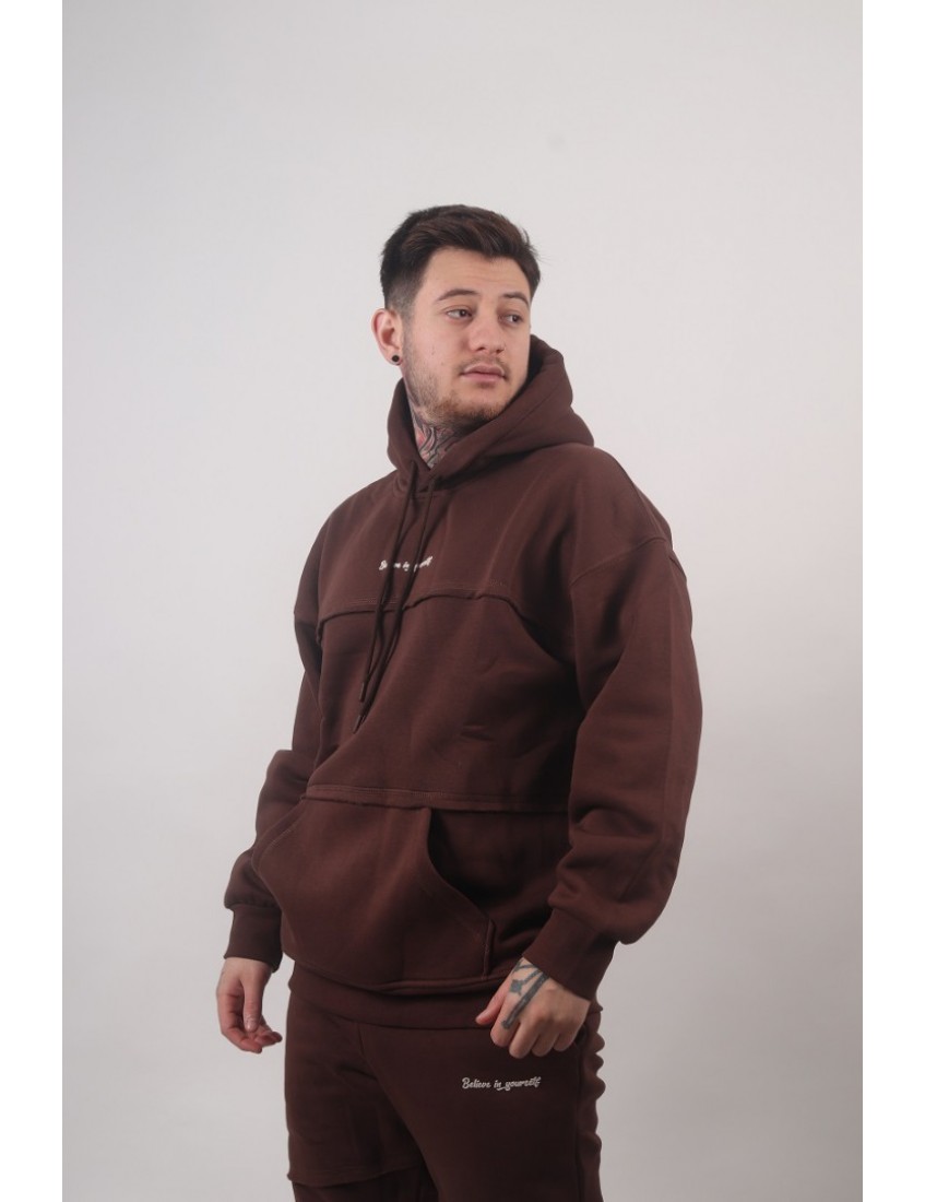 Kahverengi Yazı Detaylı Oversize Erkek Kapşonlu Sweatshirt