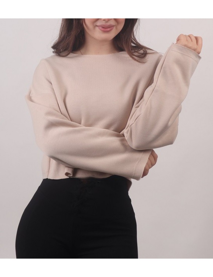 Bej Dikiş Oversize Crop Kadın Sweatshirt